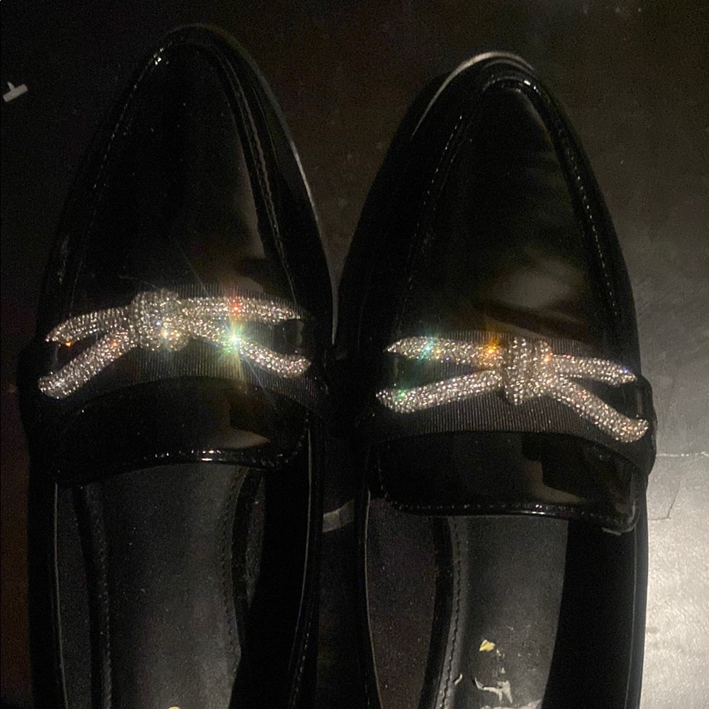Elegant Black Loafers with Silver Bow Accent